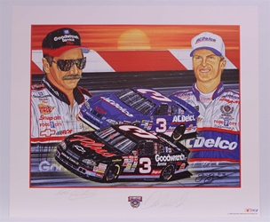Dual Autographed Dale Earnhardt & Dale Earnhardt Jr "Rising Son" 22" X 26" Original 1998 Sam Bass Print w/ COA Sam Bass, Intimidator, Earnhardt Sr., 1987, Monster Energy Cup Series, Winston Cup,Poster, The Count of Monte Carlo, Chanpion, Ralph